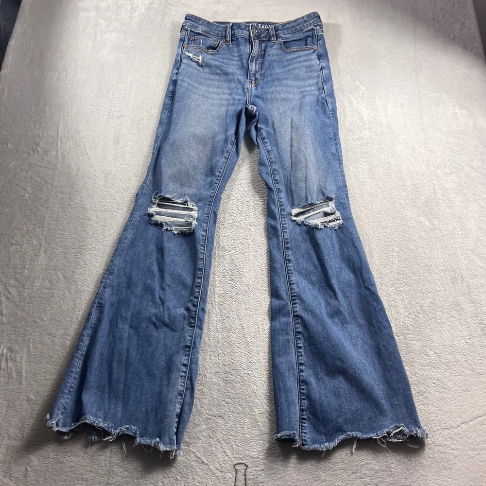 American Eagle Super High-Rise Flare Jeans Distressed Raw Hem Blue Women's 6 R